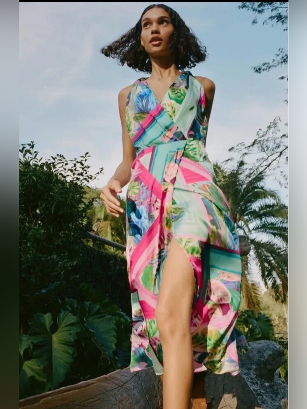 Zara Tropical Satin Maxi Dress Open Back Resort - Picture 5 of 11